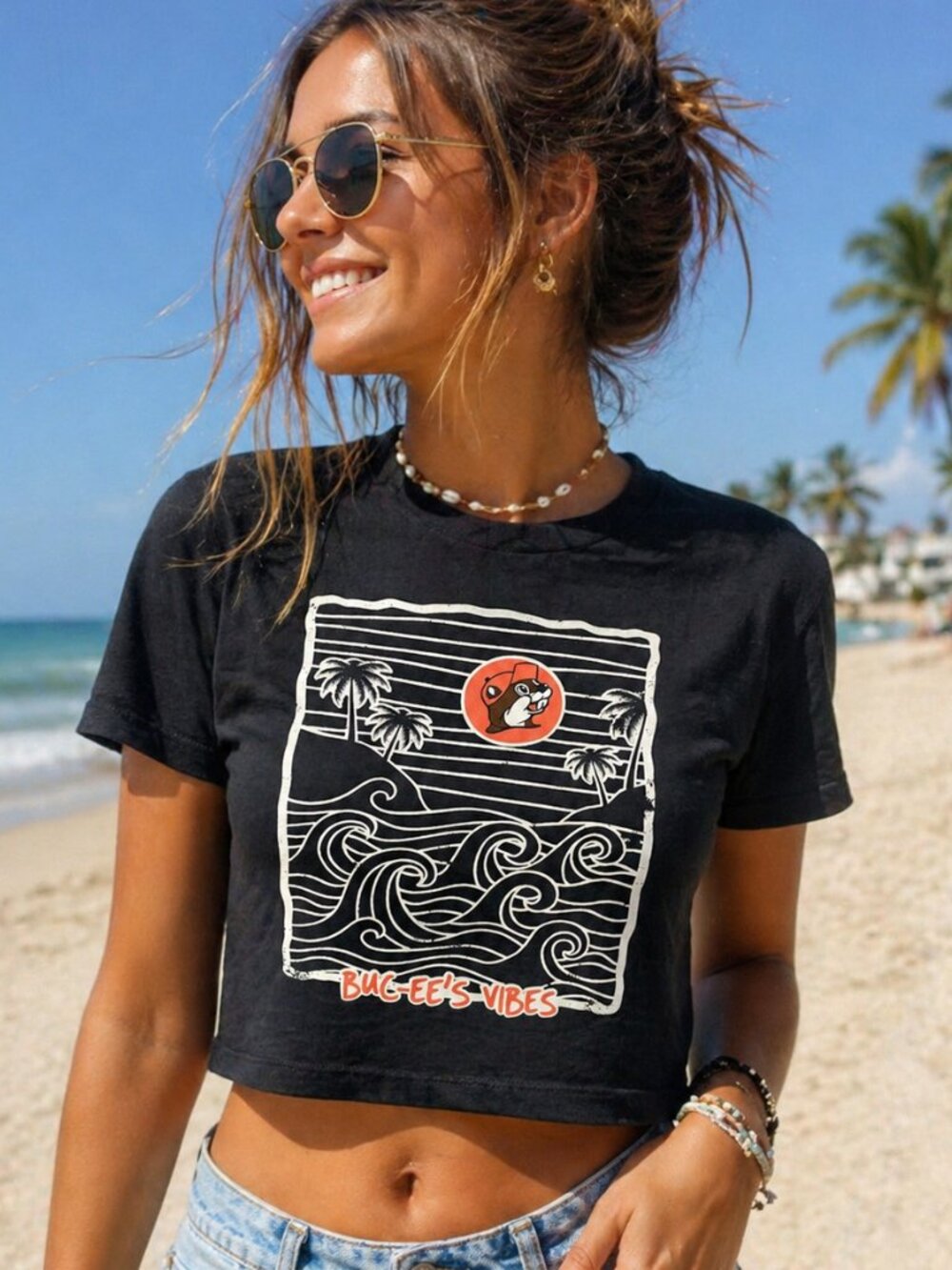 Women's Buc-ee's Vibes Crop Top  - Charcoal/Black Tie-Dye - Sz M